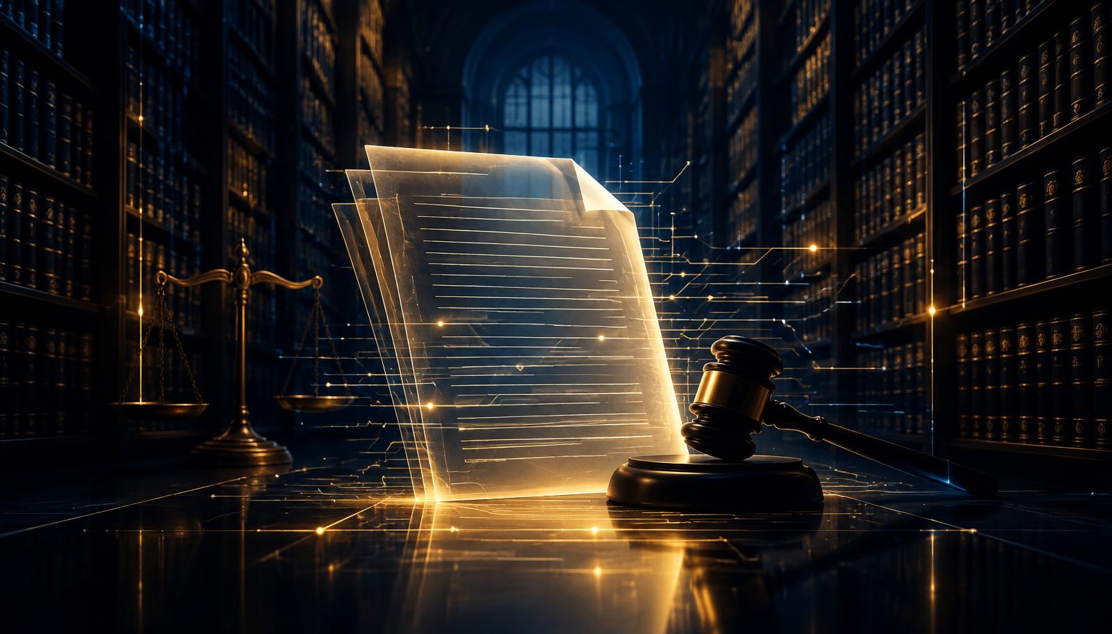 A glowing legal document under review in a dark law library